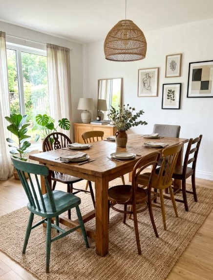 Reclaimed Wood Dining Table with Mismatched Chairs