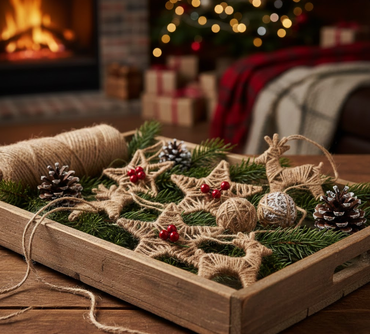 Reclaimed Wood Tray With Twine Ornaments and Cedar