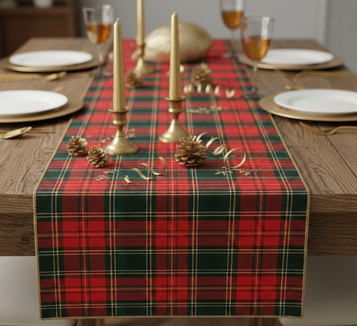 Red and Green Plaid Table Runner with Gold Touches