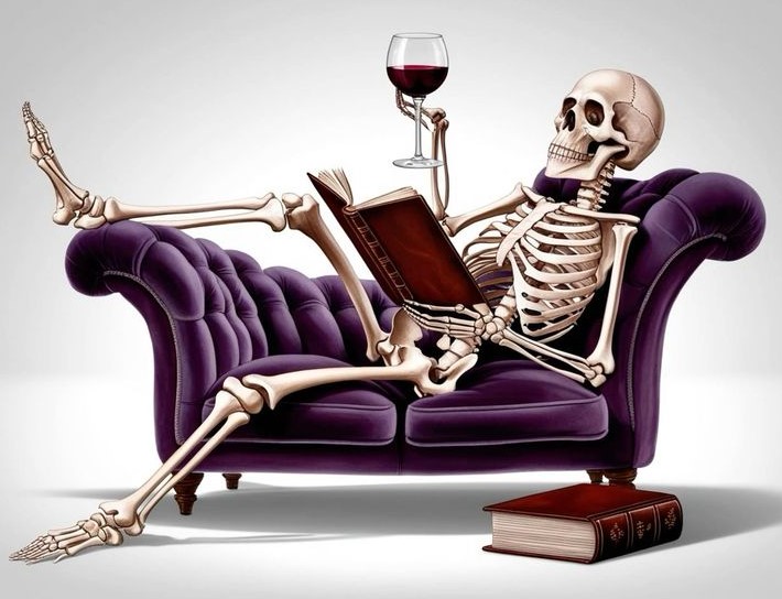 Relaxing Skeleton with Wine and Magazine