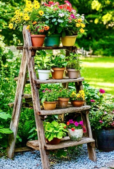 Repurposed Ladder Plant Display