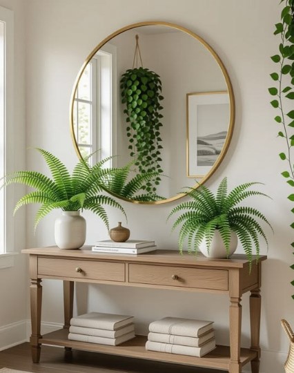 Round Wooden Mirror and Green Garland