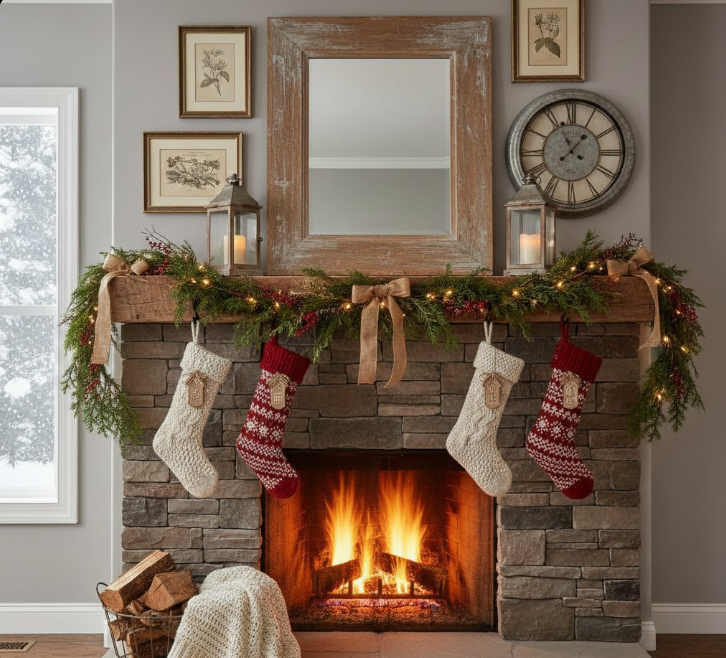 Rustic Farmhouse Christmas Fireplace Ideas