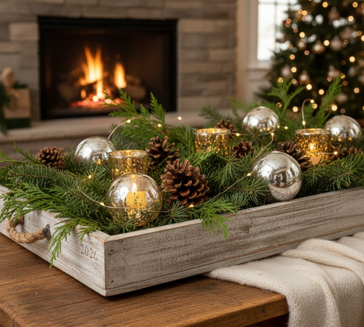 Rustic Tray With Evergreens, Pinecones, and Mercury Glass