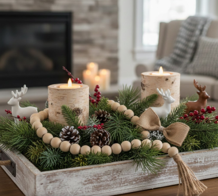 Rustic Tray With Evergreens, Wooden Beads, and Birch Holders