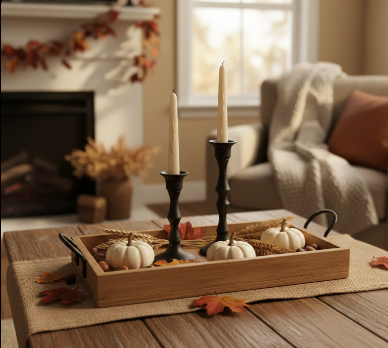 Rustic Tray with Elegant Candlesticks