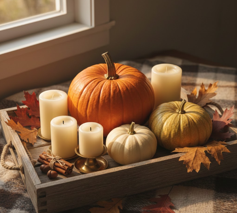 Rustic Tray with Pumpkins and Candles