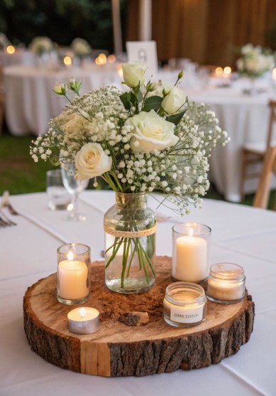 Rustic Wooden Centerpiece with White Candles