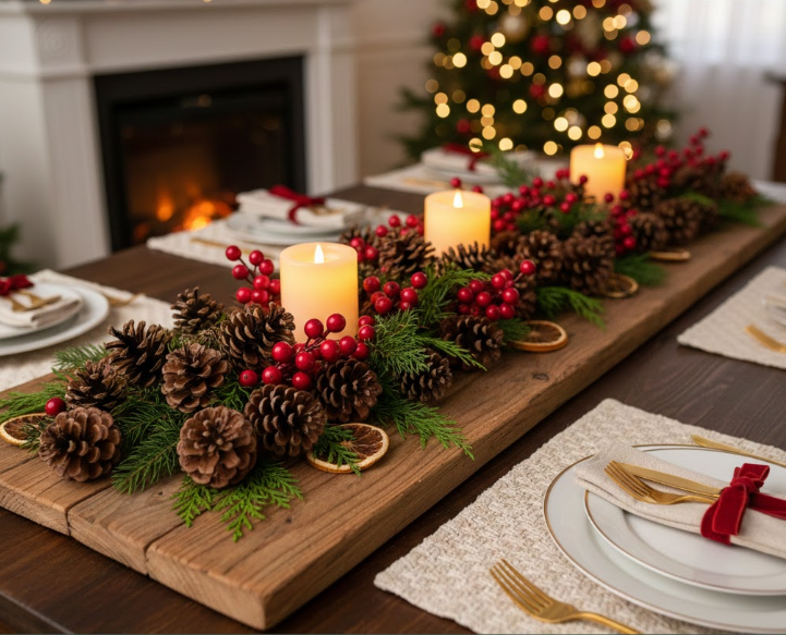  Rustic Wooden Table Runner With Pinecones and Red Berries