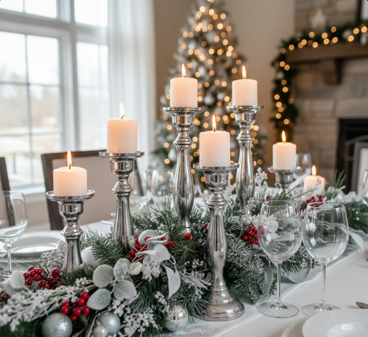 Silver Pillars Christmas Table Display