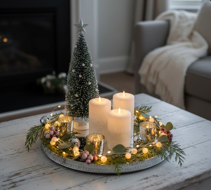 Silver Round Tray With Lights, Candles, and a Mini Tree