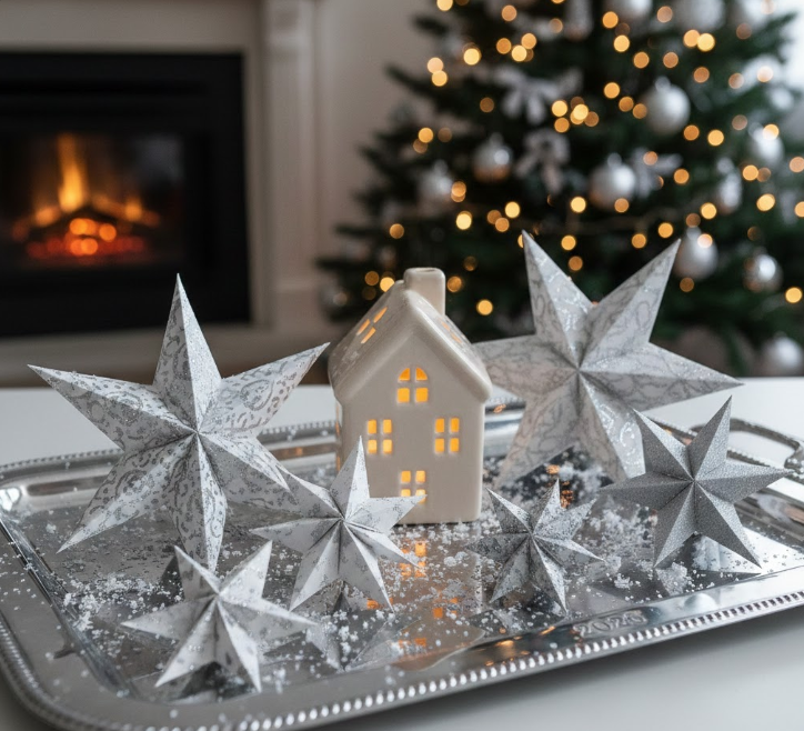  Silver Tray With Paper Stars and a Tiny House