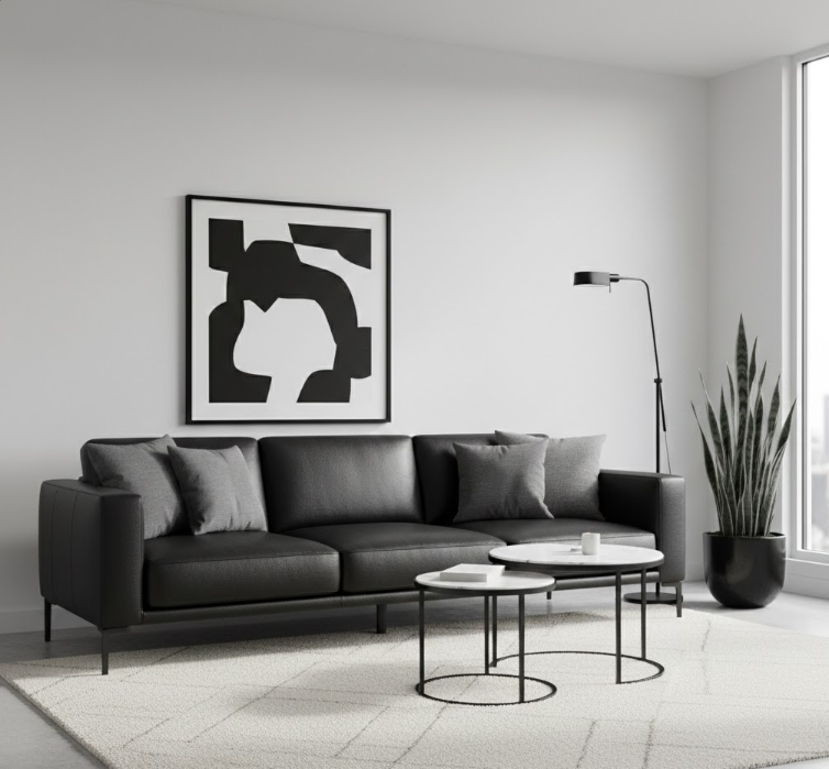 Sleek Leather Sofa in Monochrome