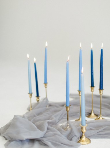Soft Blue Taper Candles in Brass Holders