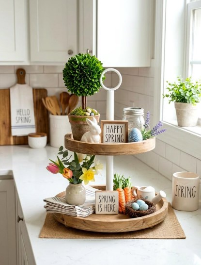 Spring Tiered Tray with Greenery