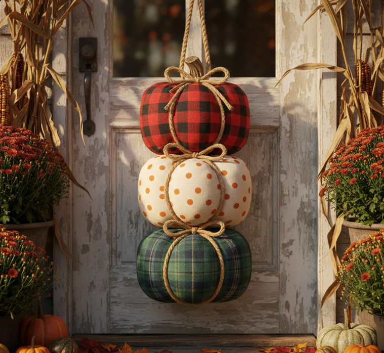 Stacked Plaid and Polka Dot Pumpkins