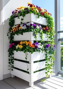 Stacked White Crates and Potted Pansies