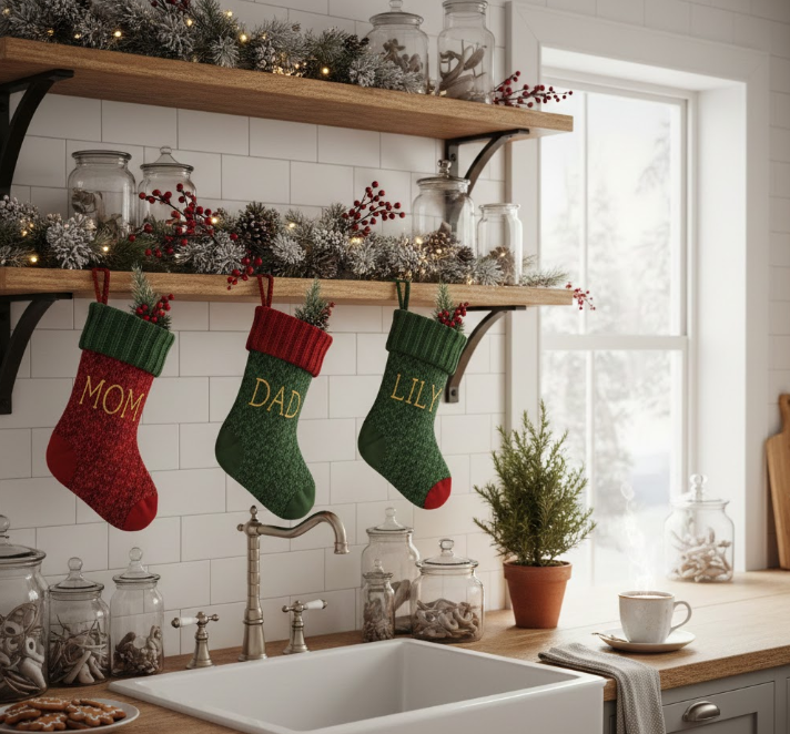 Stockings Hung From Open Shelving With Family Names