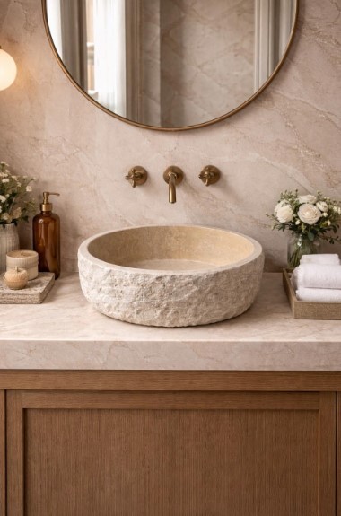 Stone Sink Meets Neutral Walls