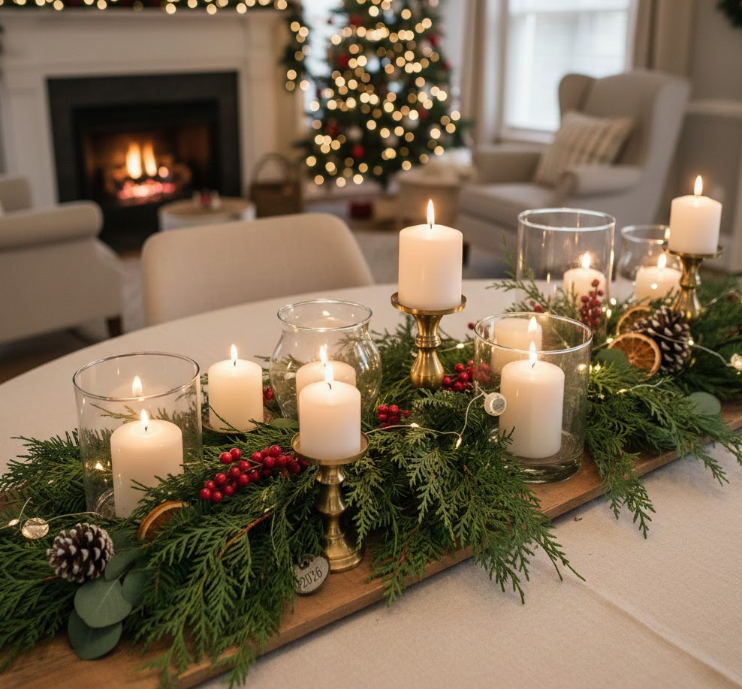 Table Centerpieces with Candles and Greenery