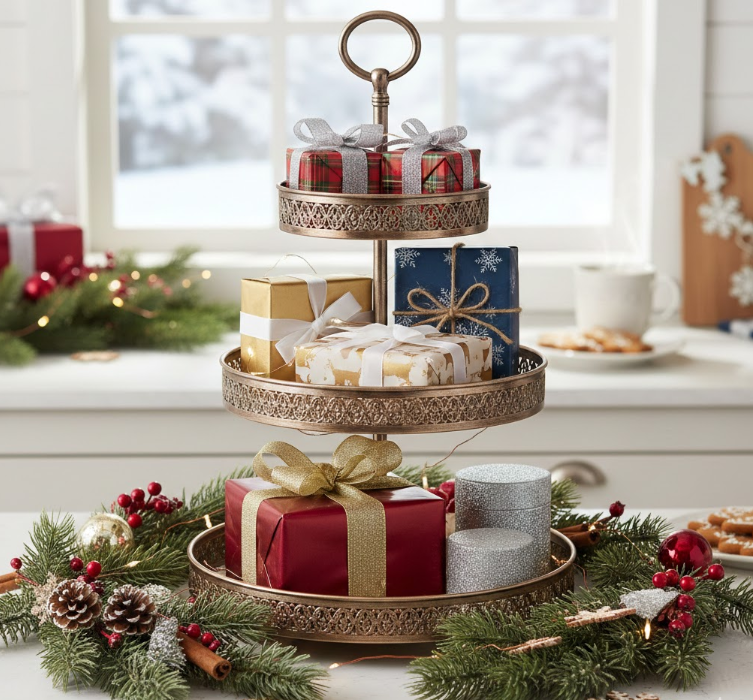  Tiered Metal Stands With Wrapped Gifts