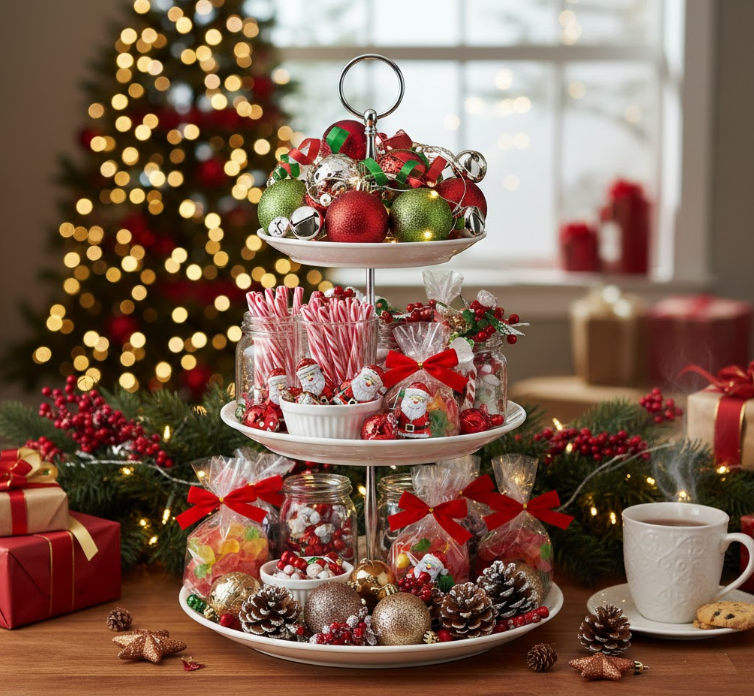 Tiered Serving Trays With Ornaments and Candy