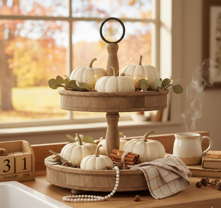Tiered Tray with White Pumpkins