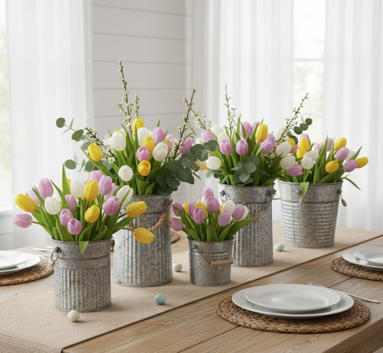  Tin Bucket Centerpieces with Tulips