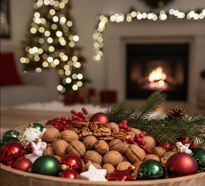 Tray With Nuts, Ornaments, and a Branch