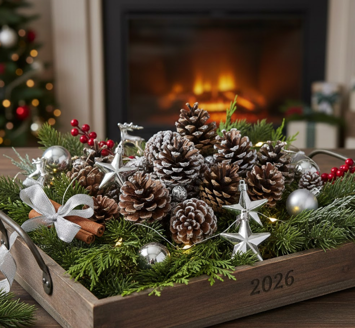  Tray With Pinecones, Evergreens, and Silver Accents