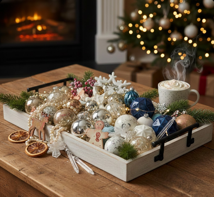 Tray With Vintage and New Ornaments