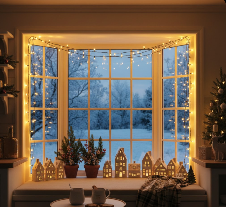 Twinkling String Lights Around Windows