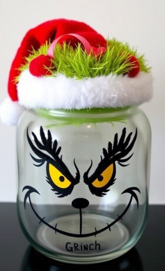 Upcycled Grinch Jar Decorations
