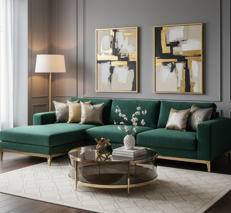 Velvet Sofa with Metallic Accents