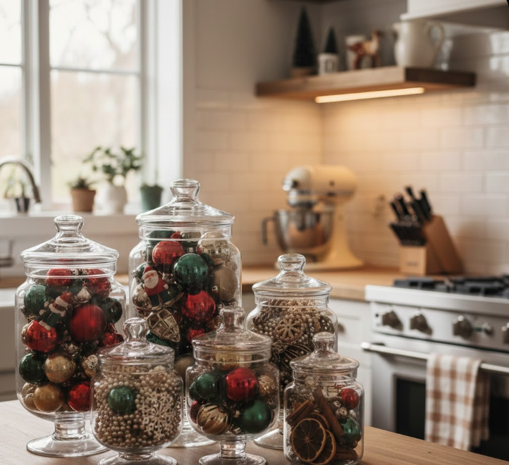  Vintage Christmas Ornaments in Glass Apothecary Jars