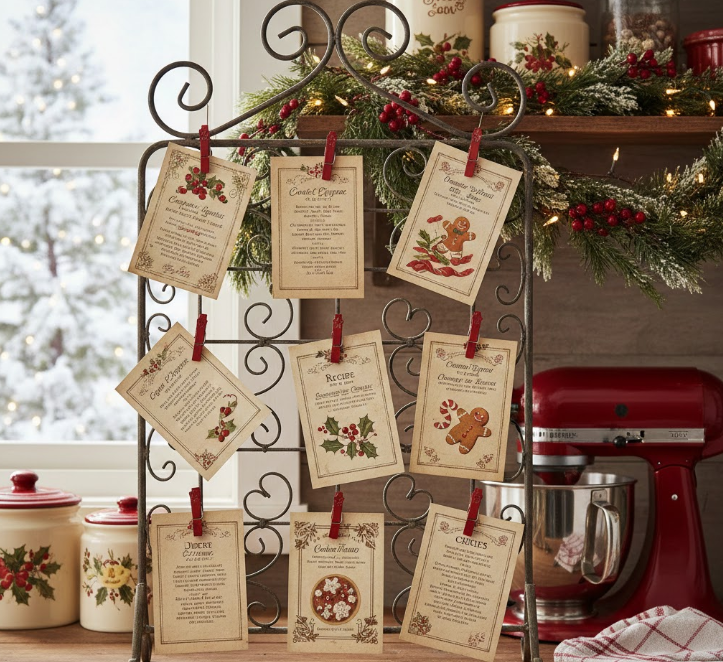Vintage Christmas Recipe Cards on a Wire Display