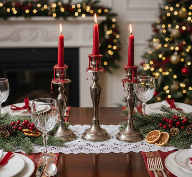 Vintage Silver Candlesticks With Deep Red Candles