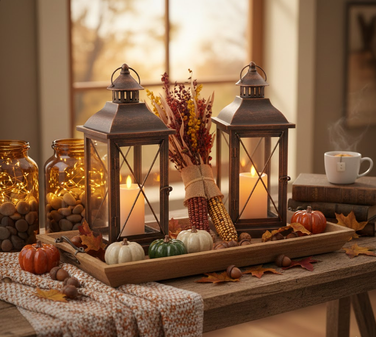 Warm Fall Display with Lanterns
