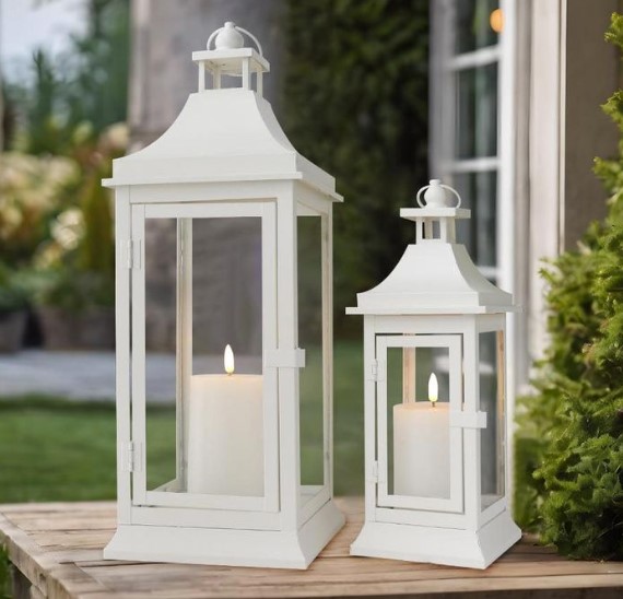 White Metal Lanterns with Faux Boxwood