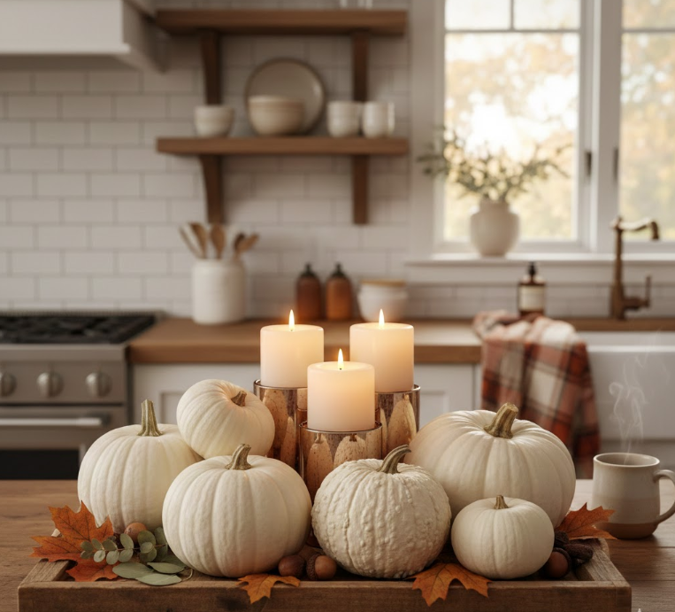 White Pumpkin and Candle Centerpiece