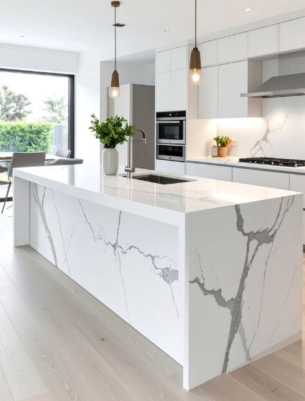 White Quartzite Kitchen Island