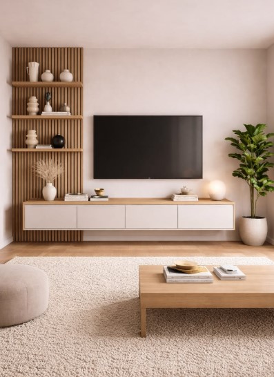 White and Wood TV Wall