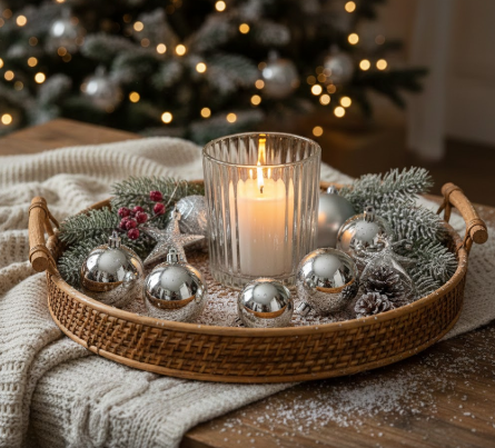 Wicker Tray With Silver Ornaments and Glass Candle