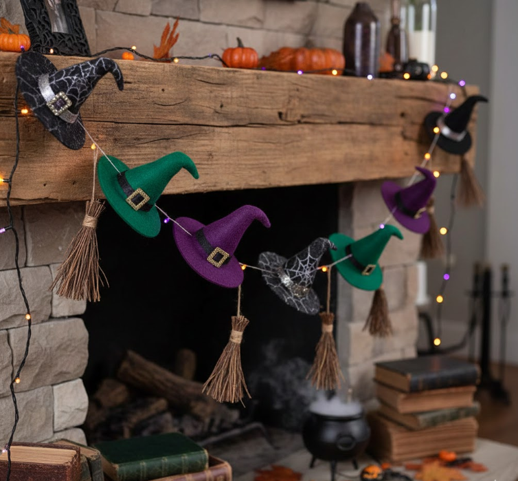Witchy Hat and Broom Garland