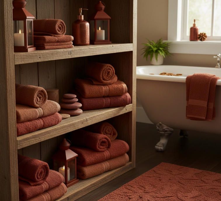 Wood and Rust-Colored Towels