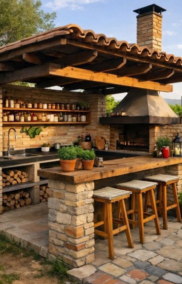 Wood and Stone Outdoor Kitchen