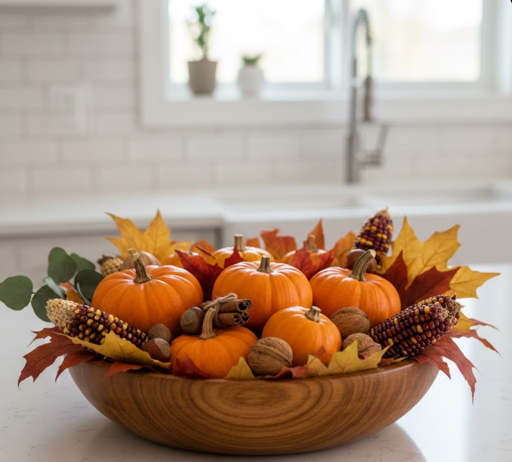 Wooden Bowl Filled with Seasonal Items