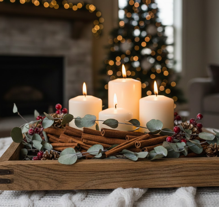 Wooden Tray With Cinnamon Bark, Eucalyptus, and Candles