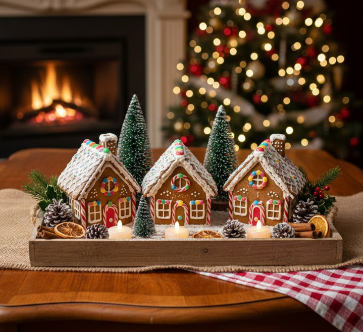 Wooden Tray With Gingerbread Houses