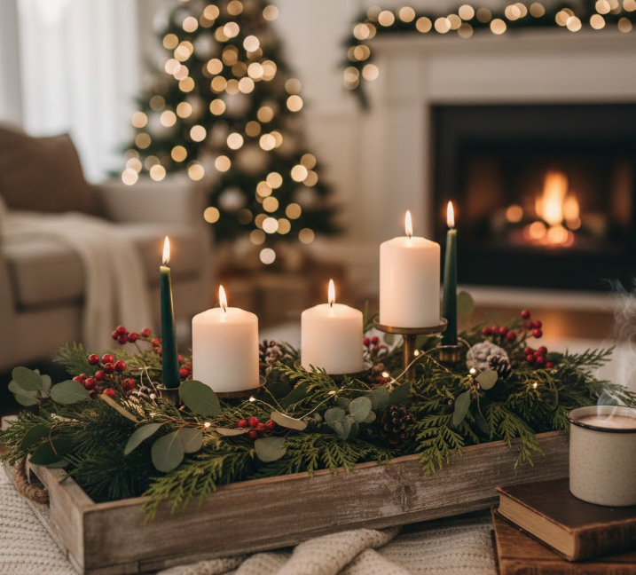  Wooden Tray With Just Greenery and Candles